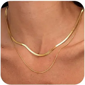 Herringbone Gold Necklace for Women, Non Tarnish 14k Gold Plated Layered Necklaces Simple Dainty Gold Chain Thin Trendy Choker Snake Necklace Gold Jewelry for Women Gift14 /16/ 18inch