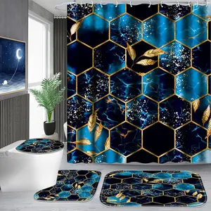 1/4 pcs sky blue honeycomb marble pattern shower curtain set, Shower Essentials, non-slip floor mat, U-shaped carpet, toilet lid cover, perfect for bathroom decoration, partition, beautify the space, free 12 shower curtain hooks