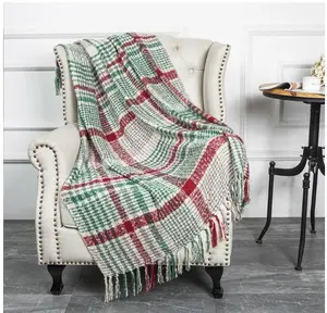 Christmas Home Decor Super Soft Vintage Fluffy Plaid Throw Blanket-100% Acrylic Cashmere-like- Bedspread Picnic Tailgate Stadium RV Camping Blanket with Fringe,50in W x 67in L (Green/Red)