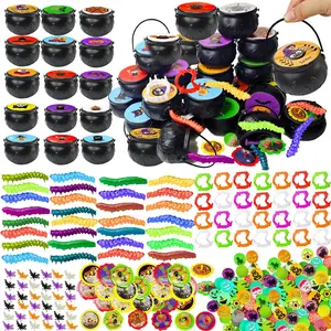 168 Pcs Halloween Toys for Kids, 28 Pack Prefilled Mini Witches Cauldrons with Toy Bouncy Balls, Vampire Teeth, Bat Rings, Spinning Tops, Sticky Worms Halloween Goodie Bags Party Favors