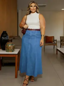 Plus Size Women's High Waist A-Line Jeans Denim Dress, Light Wash Blue, Casual Fashion, Loose-Fitting, All Seasons, Perfect for Daily, Everyday, Skirts, Bottom