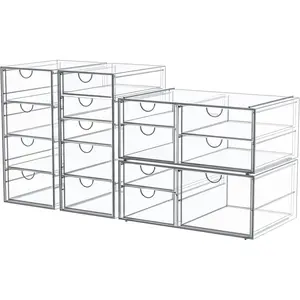 Makeup Organizer Storage With 16 Drawers, 4 Pcs Desktop Office Supplies, Desk Organizers, Clear Accessories, Dustproof Storage Drawer and for Make Up, Jewelry, Pen, Stationary