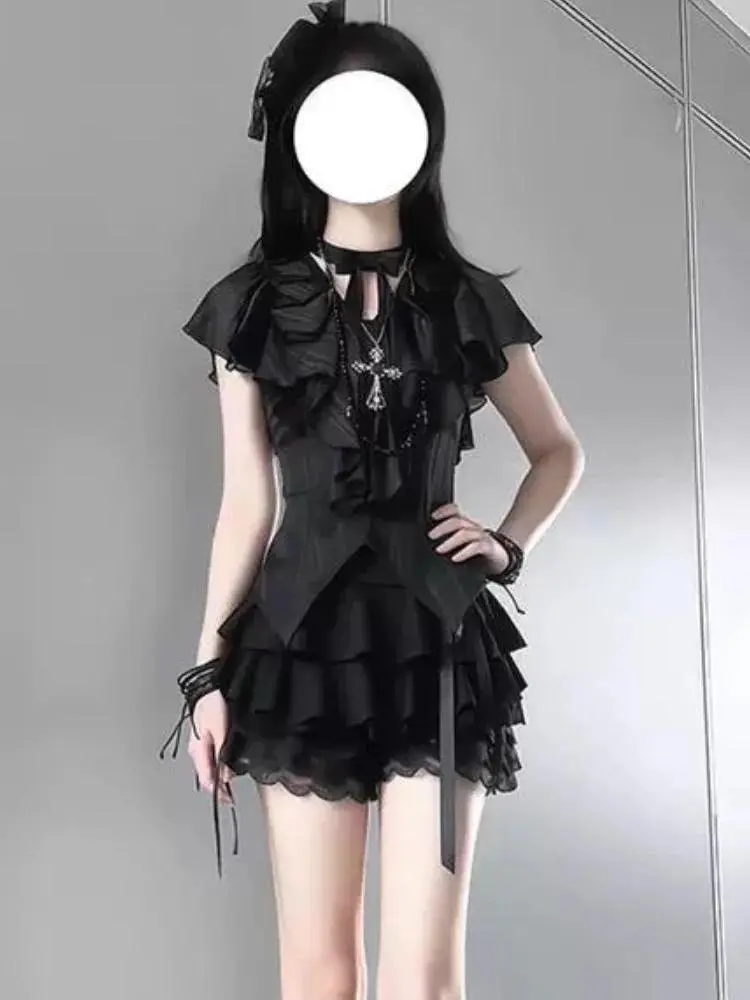 American Gothic Subculture Retro Outfit Women Patchwork Shirt + Short Skirt Dark Academia Vintage New Fashion Summer Suit 2025