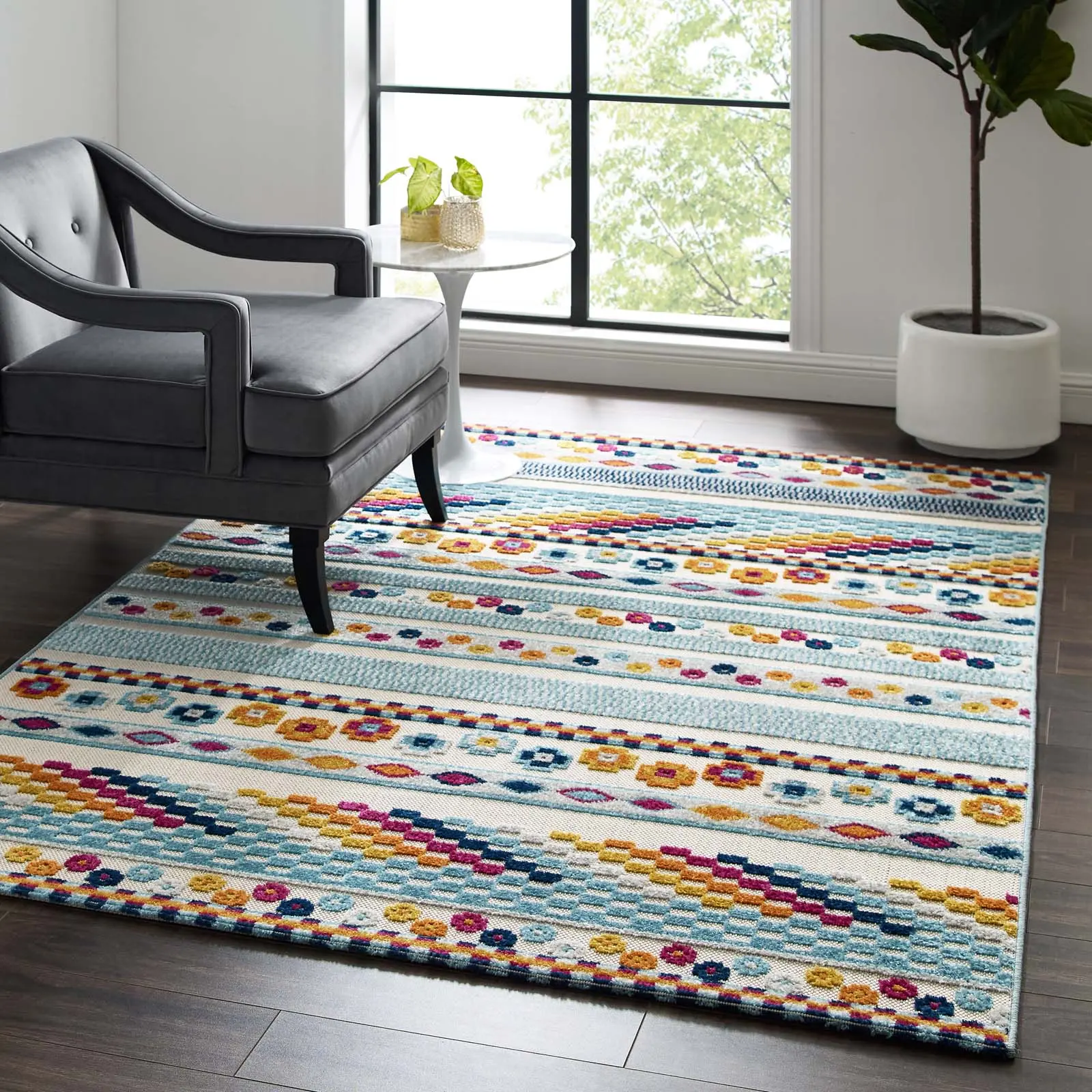 Modway Reflect Cadhla Vintage Abstract Geometric Area Rug, 5x8 Rectangular Indoor-Outdoor Floor Rug for Dining Room, Living Room Decor, Multicolored Lattice Design