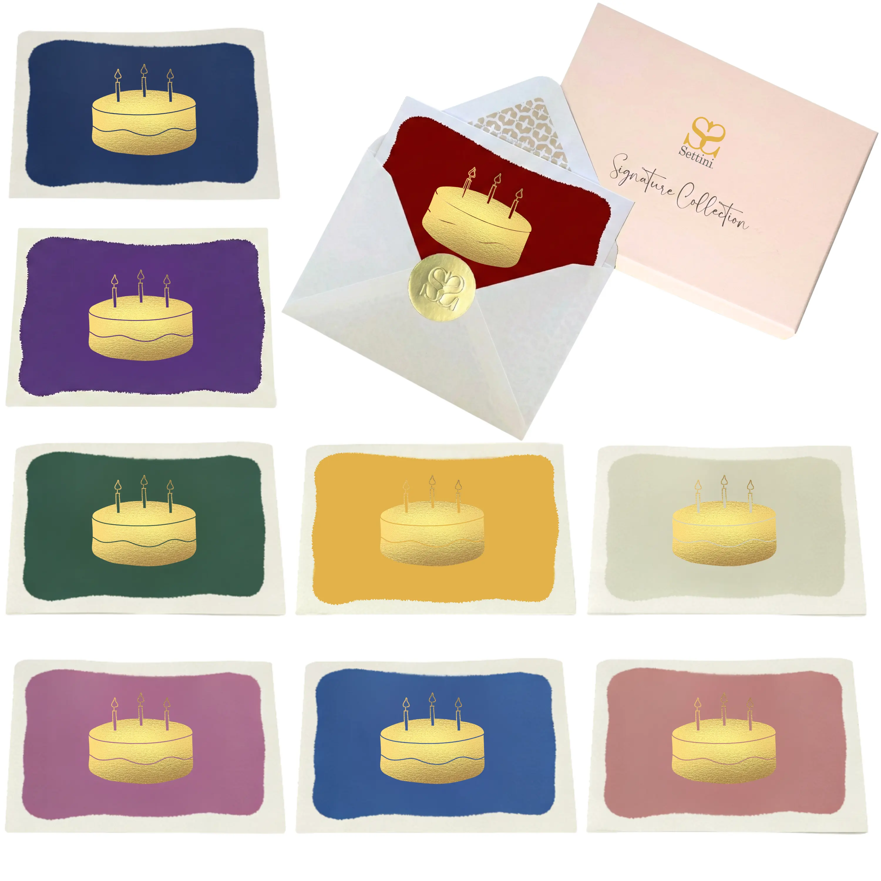 SETTINI® Birthday Greeting Cards with Envelopes - 18 Blank Folded Thick Smooth Cardstock Cards, 9 Modern Color Variations, Coordinating Gold Sealing Stickers, Assorted Boxed Set with 18 Matching Envelopes, 18 Blank Folded Cards