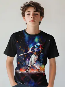 Boy Baseball Player Pattern T-Shirt, Kids Epic Game Day Print, Cool Sports Style Casual Summer Short Sleeve Top, Teenager Wear