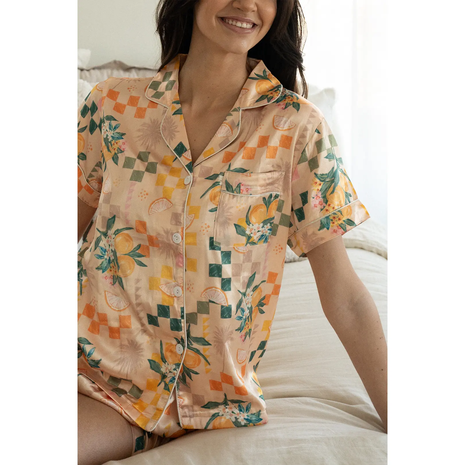 Chic & Cozy Fruit Pattern Satin Pajamas - Luxury Satin Pajamas Set with Soft Cozy Pattern for Women - Loungewear, Aesthetic Trendy Matching Set Pajamas, Yellow Pajama Set, Graphic Pajamas, Orange Pajama Set