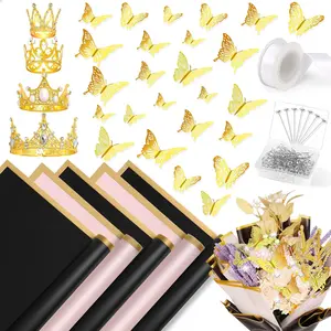 173 count Flower Wrapping Bouquet Paper Kit with 20 Sheets  Floral Wrapping Paper, 4 count  Crowns,48Pcs Butterfly and 100 count Flower Pins for Flower Bouquets, Black and Pink