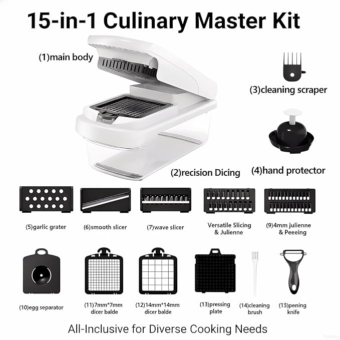 15-in-1 Multifunctional Kitchen Tool Set - Mandoline Slicer, Cheese Grater, Salad Dicer, Veggie Cutter with Storage Container for Cooking, Spices Prep, All Seasons Classic Novelty Stress Relief Toy, Vegetable Slicer Shredder