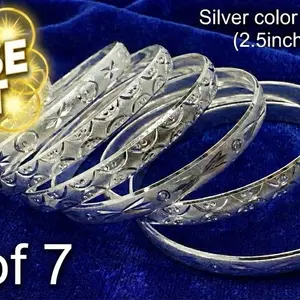 Silver Bangle Set of 7, Geometric Engraved Stacking Bracelets, Size 5 Boho Jewelry Bold Bohemian Statement