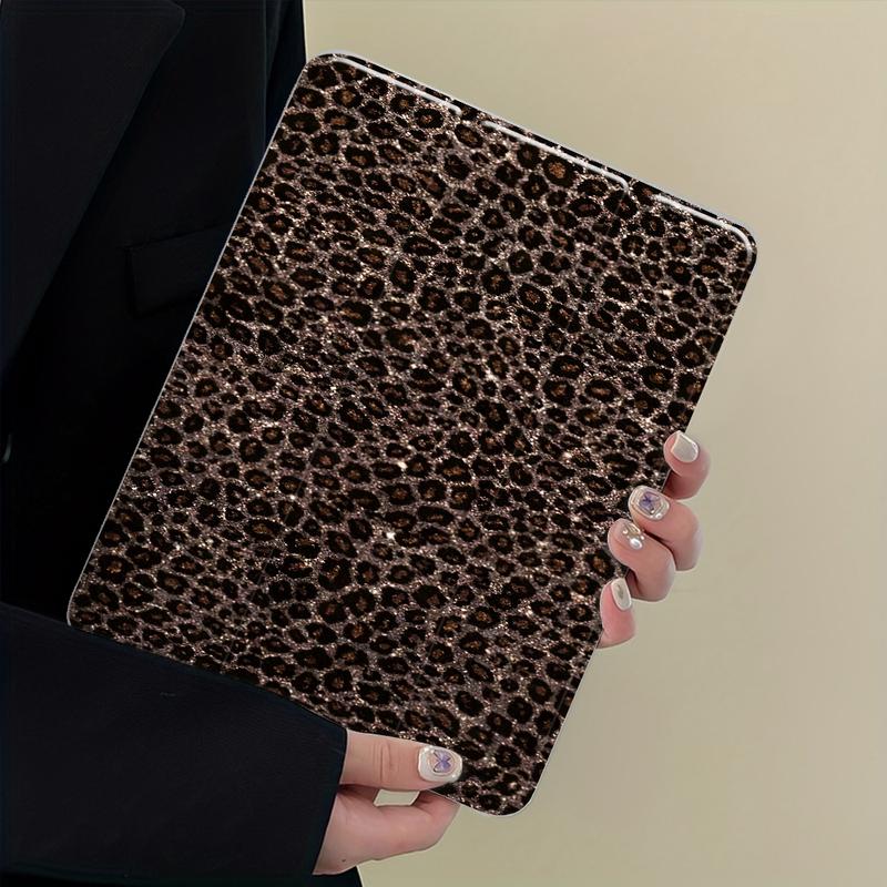 Glittery Brown Leopard Print iPad Case, Tablet Cover, Transparent Acrylic Hard Back Panel With Pencil Slot, Scratch-resistant Ultra-thin, Shock-resistant, Suitable for All iPad models, offices, schools, and homes