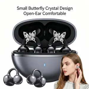 FLUFFDRIP Clip-04 Bluetooth 6.0 Wireless Clip-Ear Headphones — Featuring detachable, sparkling crystal butterfly ear ornaments and a charging case that supports extended battery life, making them ideal for outdoor leisure activities.