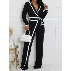 Women's Patchwork Print Belted Overalls Jumpsuit, Elegant Long Sleeve Jumpsuit for Work Office Business, Ladies Fall & Winter Clothes（gift）Gift