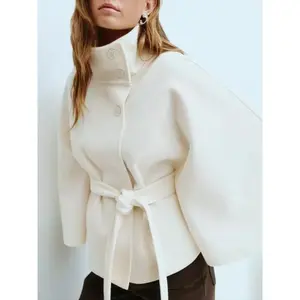 High-Quality Women's Plain Stand Collar Belted Woolen Coat, Stylish Elegant Outerwear for Autumn and Winter, Trendy Womens Fashion Jackets