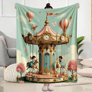 Vintage Carousel Horse Flannel Blanket Cozy Soft Throw for Living Room Bedroom Use  Magical Fairytale MerryGoRound Design with Hot Air Balloons and Butterflies  Perfect Gift for Christmas  Birthday  Mother's Day  V