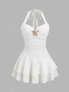 Elegant Chic Women's Halter Neck Mini Dress, Textured Fabric, Ruched Chest, Metal Decorations, Summer Beach Vacation