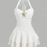 Elegant Chic Women's Halter Neck Fit Textured Fabric Mini Dress, Ruched Chest Metallic Decorations Dress for Summer Beach Vacation Womenswear