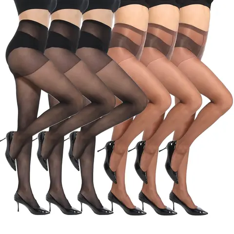 MANZI 6 Pack Skin Blur Women's Sheer Tights 20D Sun-Kissed Brown Tights Control Top Honey Tan Nylon Natural Skin Tone Pantyhose Leg Smoothing Hosiery for Everyday Wear