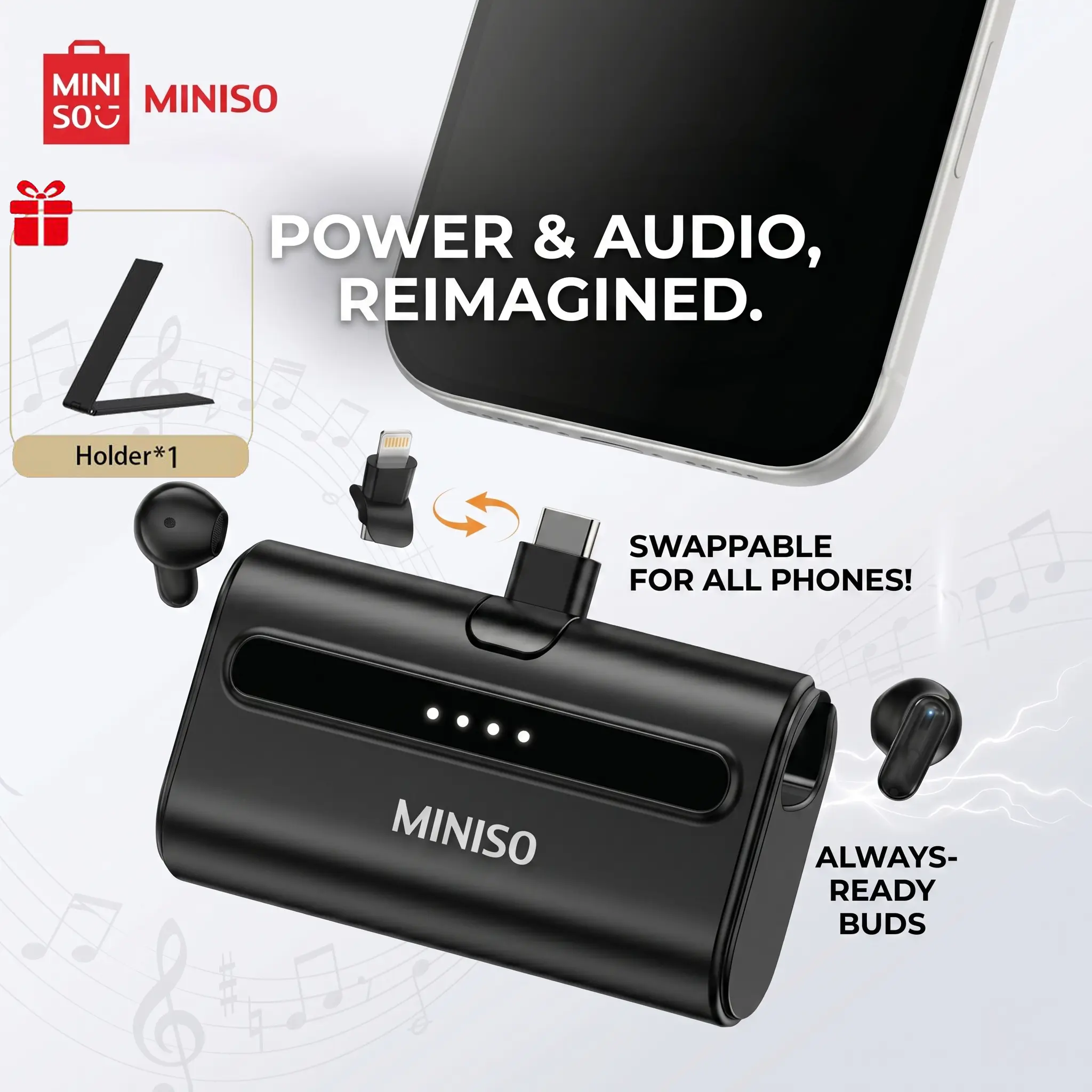 Miniso MS123 2000mAh Portable Type C Power Bank - Mini Charger with Wireless Bluetooth Earphones, 2-Pack USB C Adapter Ports, Compatible with iPhone 12-17 Plus/Pro/Pro Max, Samsung Galaxy Android Smartphones