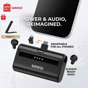 Miniso MS123 2000mAh Portable Type C Power Bank - Mini Charger with Wireless Bluetooth Earphones, 2-Pack USB C Adapter Ports, Compatible with iPhone 12-17 Plus/Pro/Pro Max, Samsung Galaxy Android Smartphones