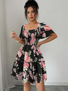 Women's Floral Print Dress Square Neck Flared Hem High Waist Boho Style Multicolor Mini Dress 97% Polyester Slim Fit
