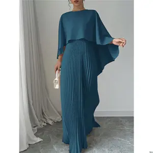 Outfit Dress Sleeve Elegant Elenzga Women Solid Color Round Neck Pleated Poncho Maxi