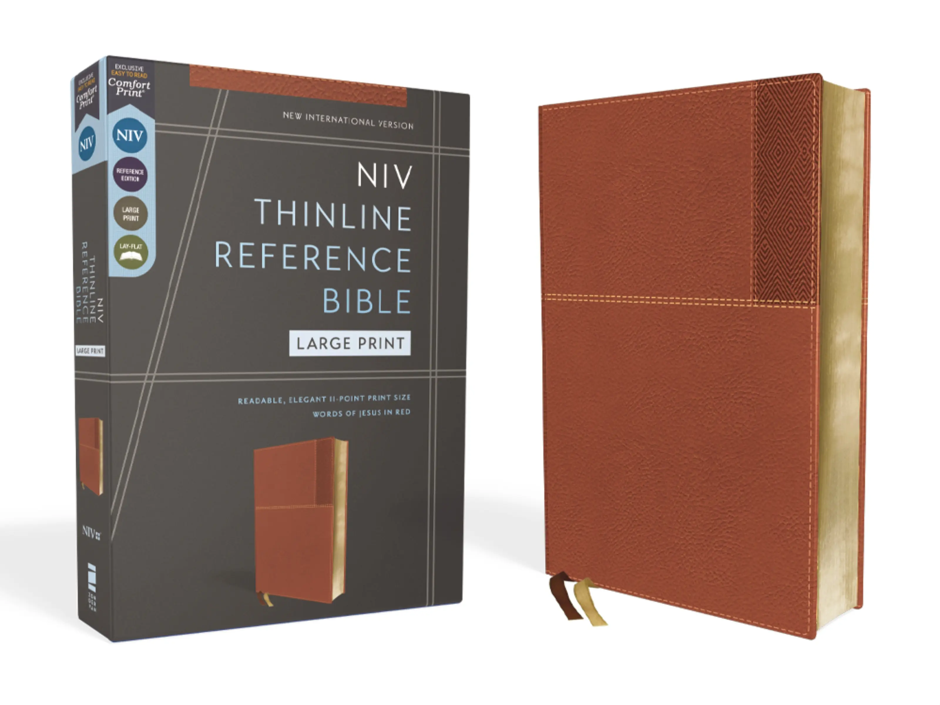 NIV, Thinline Reference Bible (Deep Study at a Portable Size), Large Print, Leathersoft, Brown, Red Letter, Comfort Print by Zondervan [Leatherbound Book]