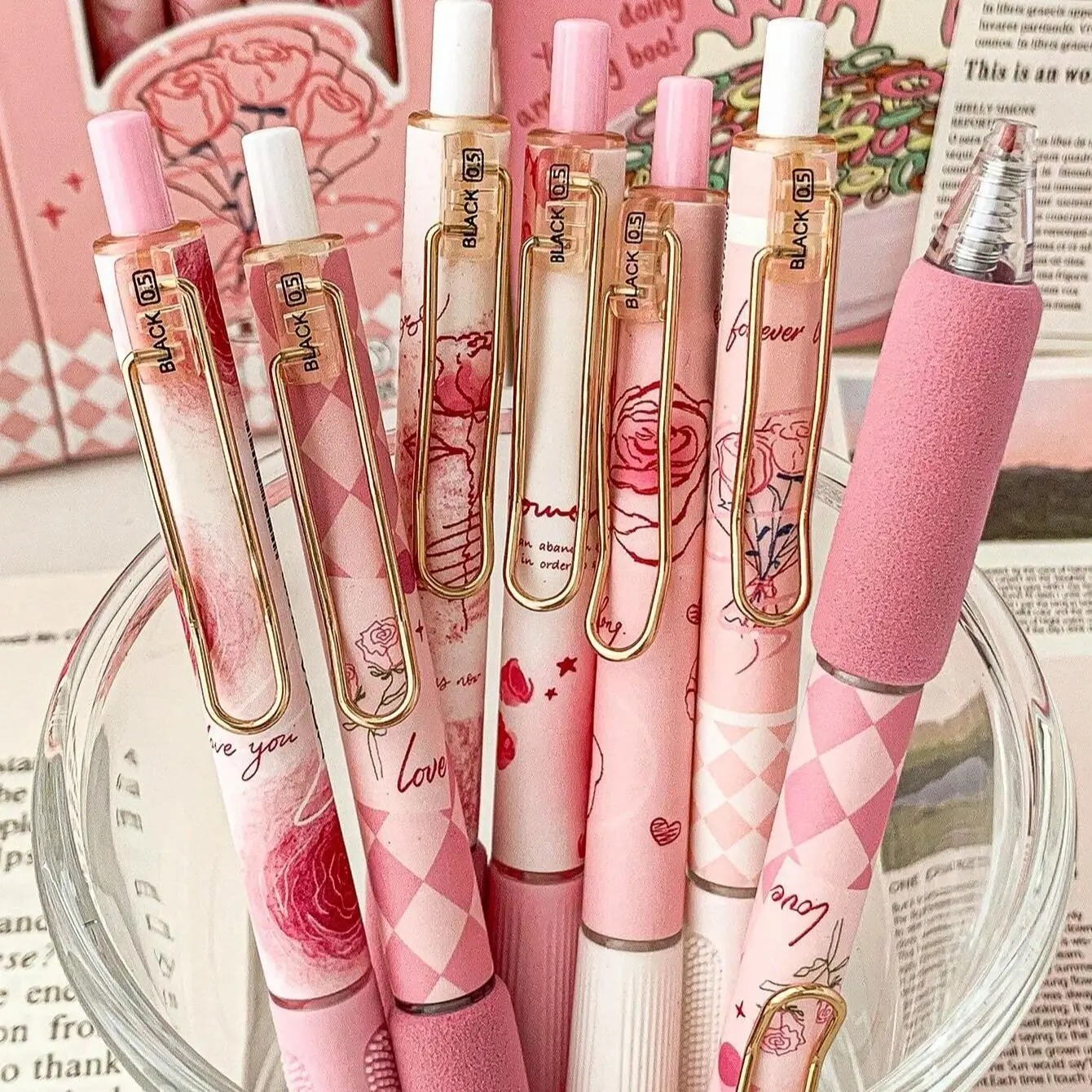 Rose Pattern Neutral Pen, 6 Counts/box Black Ink Press Type Ballpoint Pen, Writing Pen for Office School Student Dormitory Home