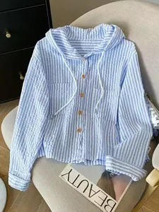 Spring Summer Blue Striped Casual Comfy Shirt Fashion Women's Top Blouse Top Button Up Top Button Front, Loose-Fitting Daily Wear, Commuter, All Seasons Clothing