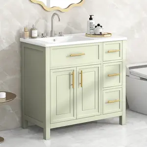 36" Bathroom Vanity with Sink Top, Bathroom Vanity Cabinet with Two Doors and Three Drawers, Solid Wood, MDF Boards, One Package, White-green