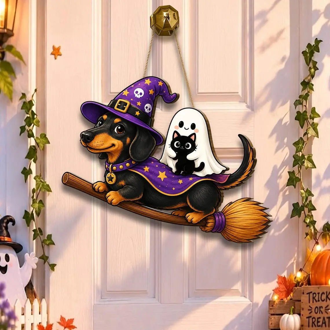 Halloween Dachshund Wooden Door Sign, Witch Dog Porch Sign, Ghost Cat Halloween Decor, Cute Doxie Front Door Hanger Gift