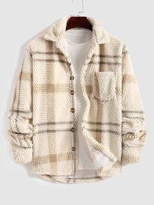 【please purchase a size up】men's plaid print button front fleece winter jacket, casual comfortable warmth regular fit long sleeve pockets warm fleece material outerwear for fall & winter, mens clothing, men's clothes for daily wear