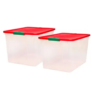 Homz 64 Qt Secure Latch Clear Plastic Storage Container Bin w/ Red Lid, 2 Pack