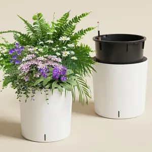 Set of 2 Tall Self-Watering Planters, 20-Inch Large Round Plant Pots with Built-in Drainage, Water Level Gauge and Wheels, Decorative Flower Pots for Indoor Outdoor Patio Porch Garden Living Room