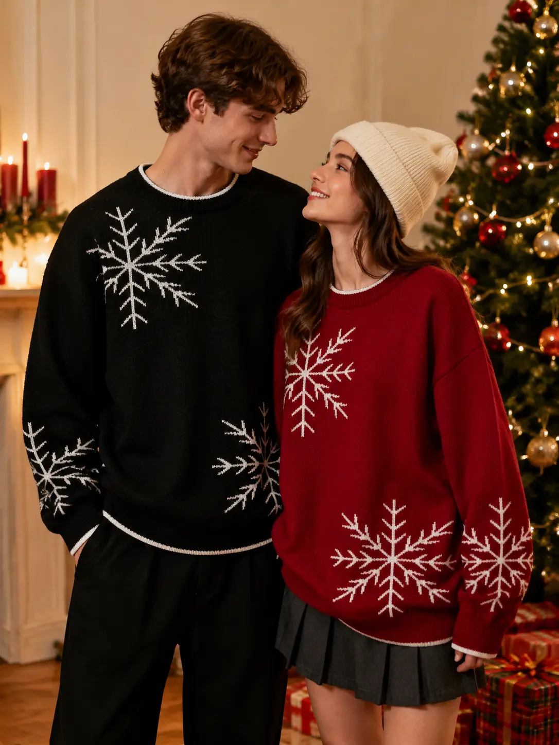 Women's Baggy Fit Round Neck Longsleeves Knit Pullover Sweater, Snowflake Print Soft Casual Knitwear for Christmas Holiday, Oversized, Tops, Polyester, Chinese New Year, Long Sleeve, Crew Neck, Halloween, Athletic, Pull On, Xl