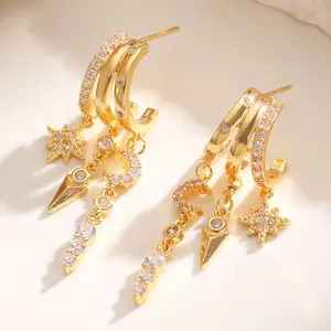 Luxury Rhinestone Moon Star Tassel Earrings for Women Zircon Crystal Gold Color Drop Earring Stack Ear Pierc Jewelry Gifts New monther days gift idea