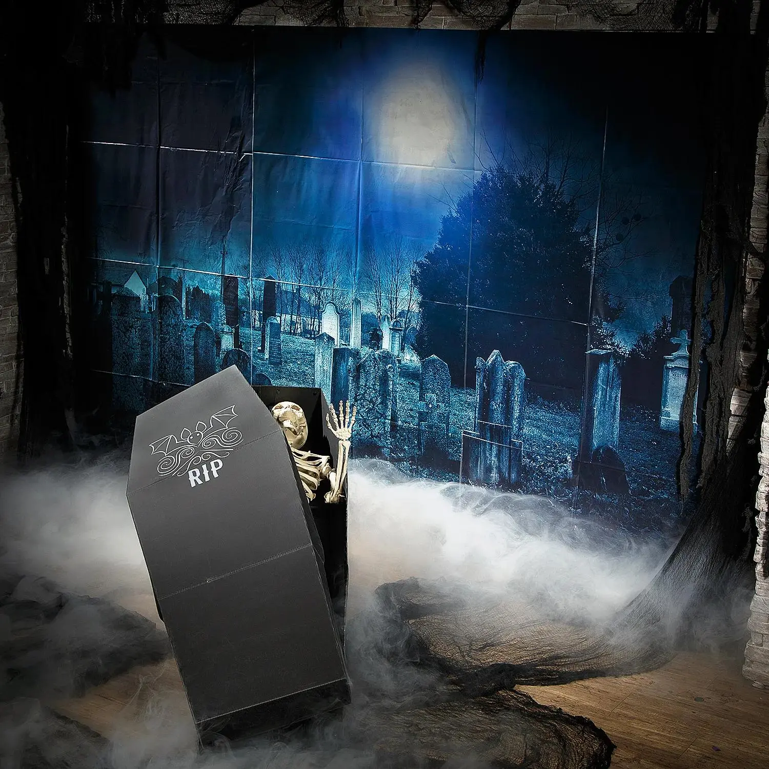 Haunted Cemetery Backdrop & Coffin Halloween Party Decorating Kit - 4 pc