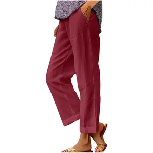 Cotton Linen Pants Women Elastic High Waist Straight Leg Lounge Pants Casual Slacks Summer Trouser with Pockets