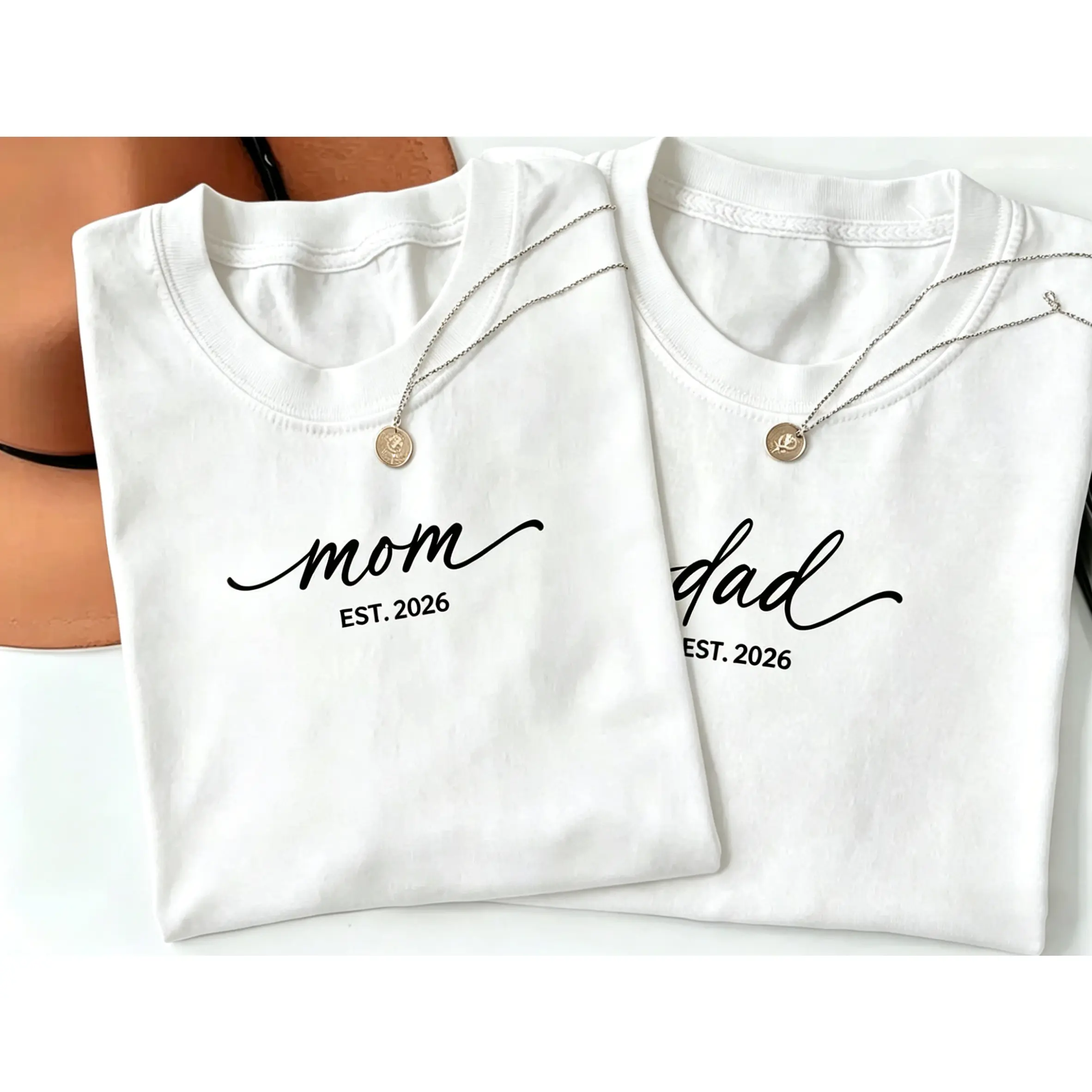 Unisex Relaxed Fit Matching Est 2026 Short-Sleeve Round Neck Cotton Twill Sports Tops, Soft Custom Digital Graphic T-Shirts for Pregnancy Announcement Reveal Gift, Fitted, Shortsleeve, Unisex Cut, Soft Fabric