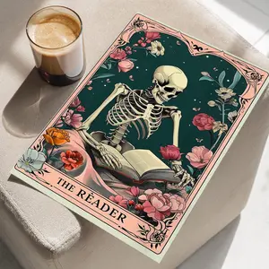 Botanical Art Print, Skeleton Reading a Book Floral Botanical Pink Art Poster, the Reader Tarot Card Whimsigoth Wall Decor, Room Decor, Unframed