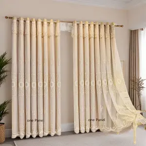 Neo Classic Double Layer Blackout Curtains, Privacy Grommet Curtains, Fabric and Sheer Combined, Embossed Embroidered Drapes, Ready Made for Living Room and Bedroom, Window Curtain, Room Decor Curtain