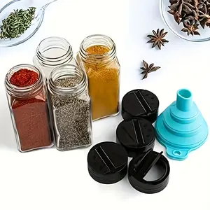 Glass Spice Jars with Handwritten Label Stickers, 12/24pcs Set, 4 Oz Square Spice Bottles with Black Butterfly Cup Lids, Empty Spice Containers, Includes Funnel And Pen, Seasoning Box Dispensing BBQ Seasoning Jars for Kitchen, Restaurant, BBQ