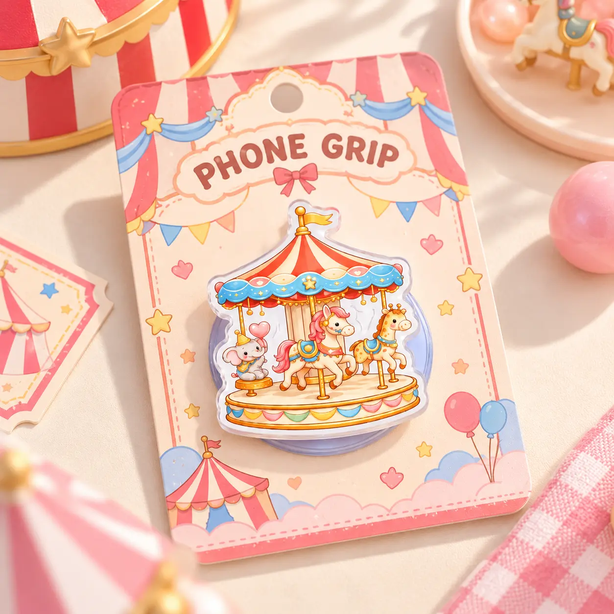 Carousel Phone Grip, Kawaii Circus Carousel with Pink Pony, Giraffe and Elephant, Whimsical Fairground Design, Adorable Gift for Kids and Carousel Lovers