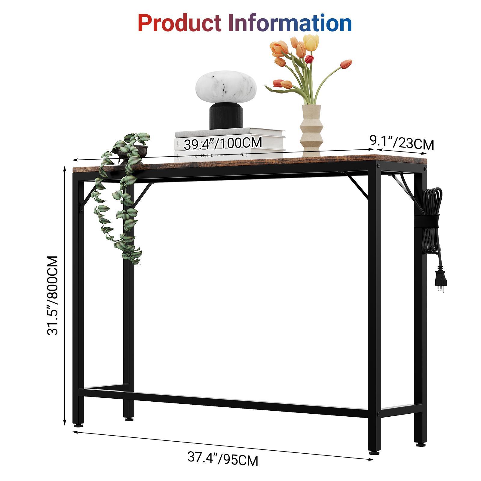 39.4" Narrow Entryway Console Table with Charging Station, Modern Sofa Side Table with Power Outlets & USB Ports, Sturdy MDF & Metal Legs Accent Table for Living Room & Foyer