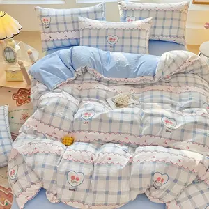 Korean Floral Bubble Mesh Four-Piece Bedding Set, Queen Size, Soft Breathable, Lace Trim, Ideal for Bedroom Decor, Gift for Mom