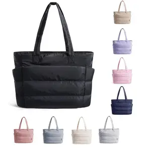 Lightweight Puffy Tote Bag – Soft Taslan 15.6" Laptop Shoulder Bag with Multiple Pockets – 20L Large Travel & Work Weekender (Light Pink)