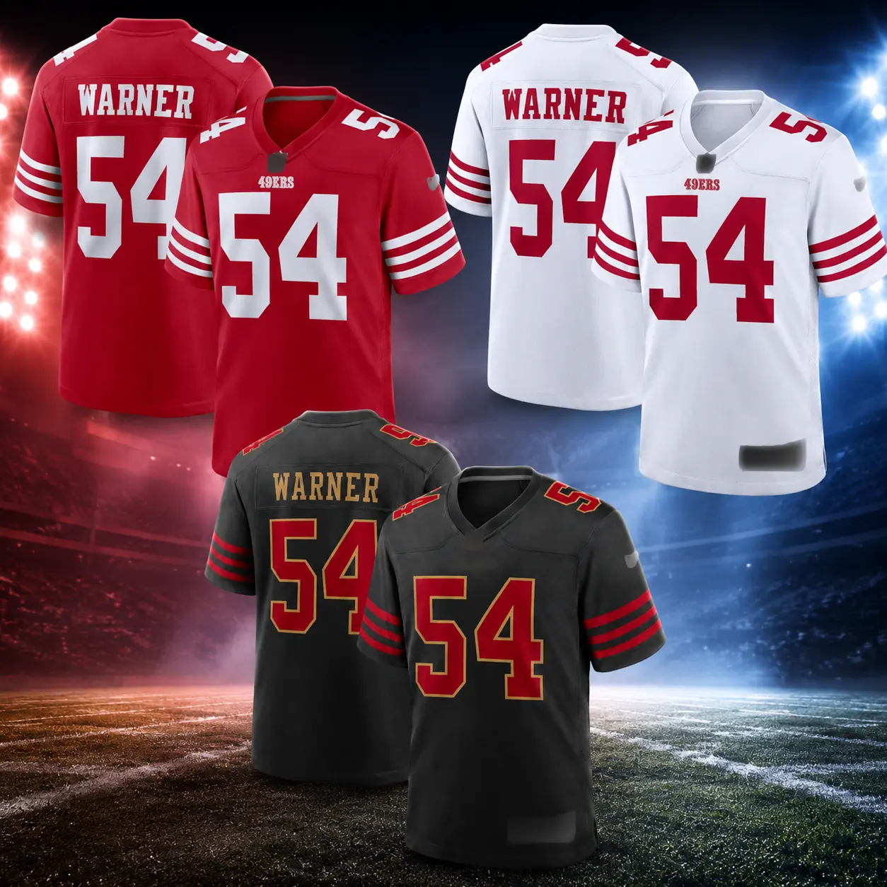 San Francisco Football Jersey #54 Warner Stitched Player Shirts with Full Logo Details - Red White Black Game Day Fan Apparel (All Versions)