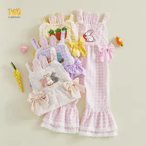Toddler Baby Girls Plaid Overalls Fashionable Easter Egg Embroidery Sleeveless Ruffle Bell-bottom Jumpsuits