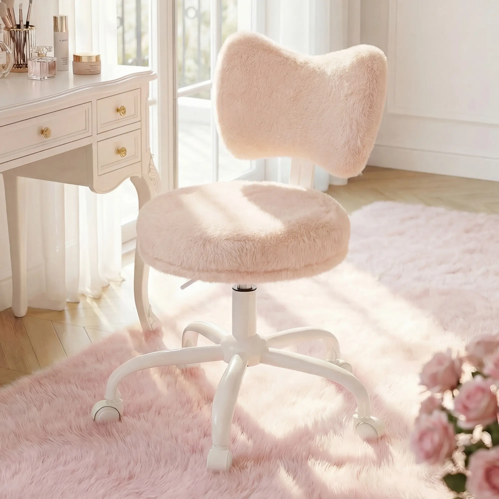 Raybee Fluffy Bow Chairs Vanity Chair with Wheels Pink Desk Chair with Cute Bow Backrest Fluffy Faux Rabbit Fur Small Office Chair for Vanity, Make-up Room, Bedroom, Dorm, Small Space, Height Adjustable, Pink, Color, Girls Gift  #TikTokShopStockup