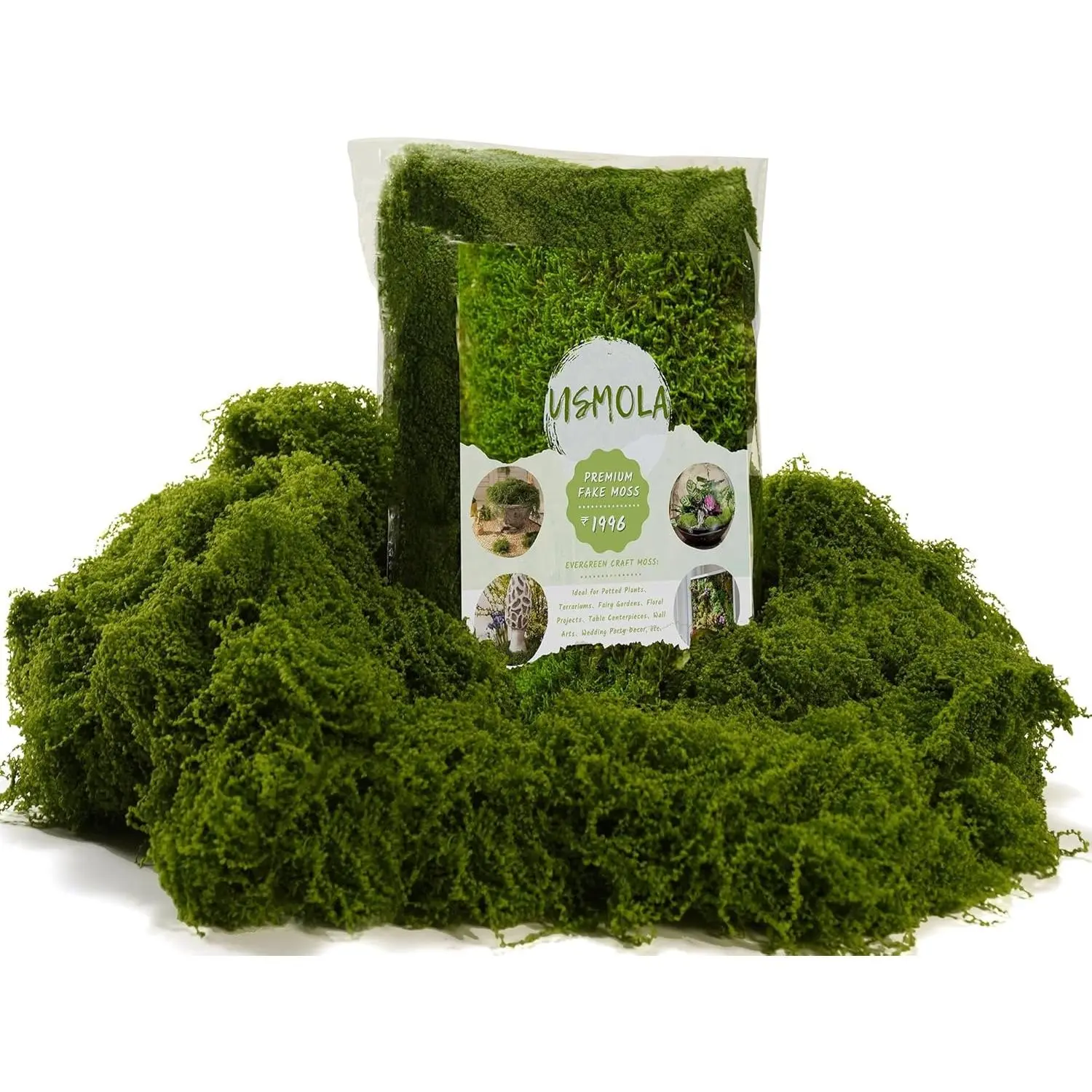USMOLA 3.5oz Decorative Realistic Look Artificial Moss - For Indoor Plants, Table Centerpieces, Wedding Decor (Natural Green), Faux Grass